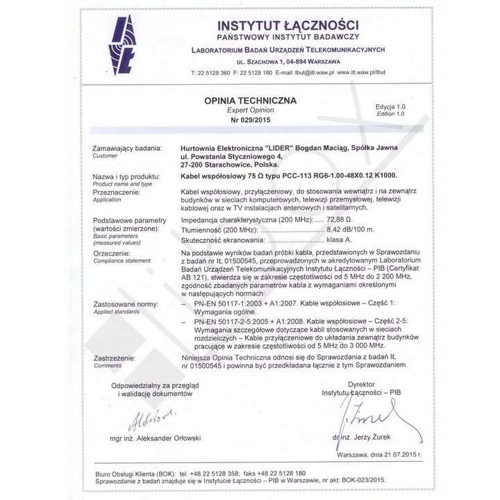 KABEL ANTENOWY KONCENTRYCZNY PRZEWÓD TV MIEDŹ CERTYFIKOWANY Cu/Cu/Cu