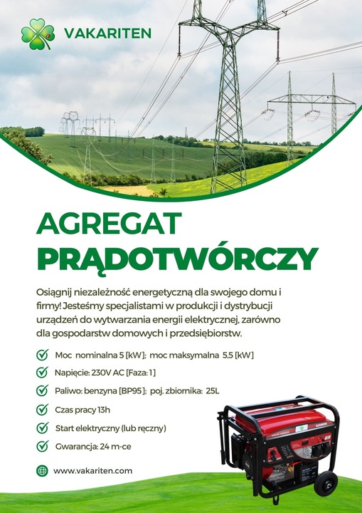 Agregat prądotwórczy generator prądnica 5500W /13KM (9,56kW) / AVR /