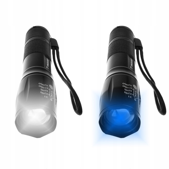 Latarka Taktyczna Wojskowa Mocna Szperacz CREE XPE LED ZOOM z UV Aku + Etui