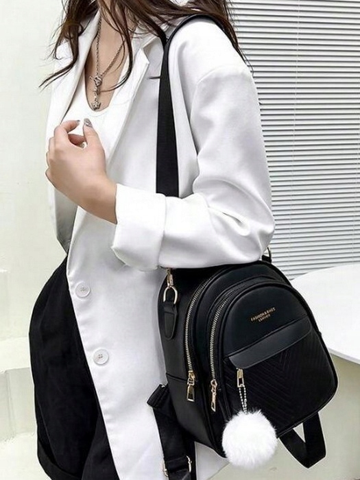 Plecak Torebka 2w1 Damski Eko Skóra Czarny Brelok Pompon Biały Prezent