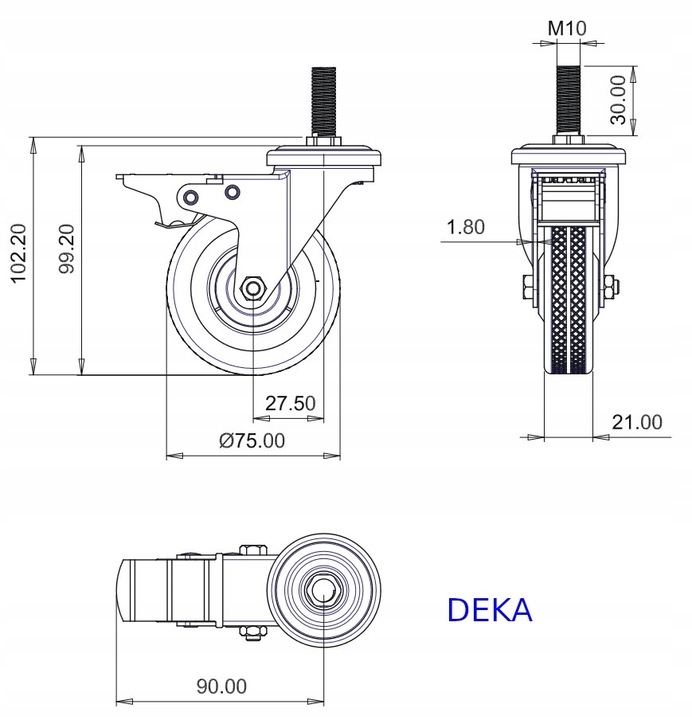ZESTAW 4x Koło łożyskowane meblowe obrotowe fi.75 trzpień gw. M10