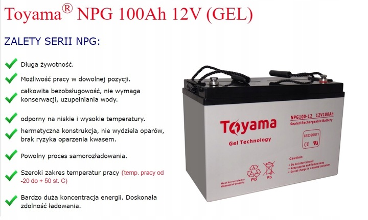 Akumulator żelowy GEL Toyama NPG 100 12V 100Ah
