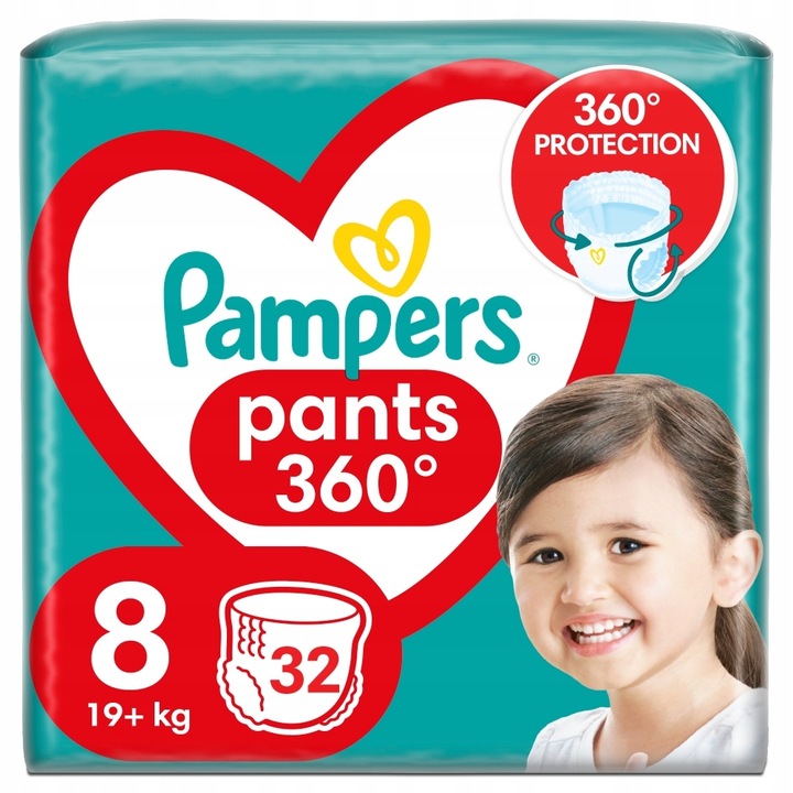Zestaw Pampers Pants Pieluchomajtki, 19kg+, rozmiar 8, 2 x 32 szt + GRATIS