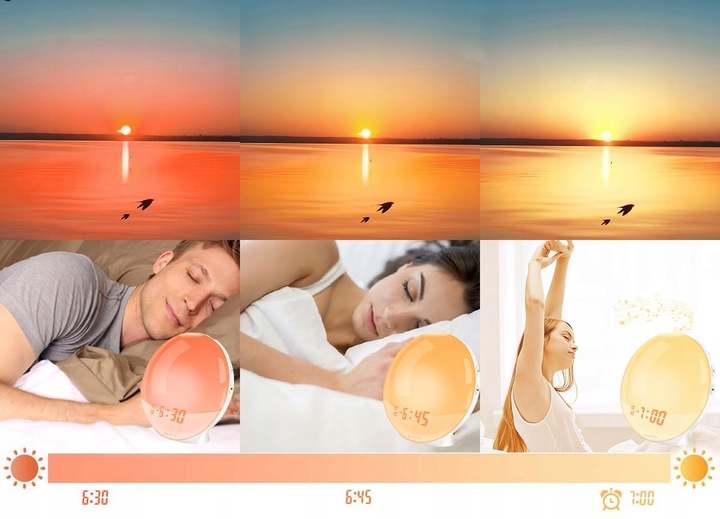 BUDZIK ŚWIETLNY ZEGAR DRZEMKA LAMPKA NOCNA RADIO SYMULATOR WSCHODU