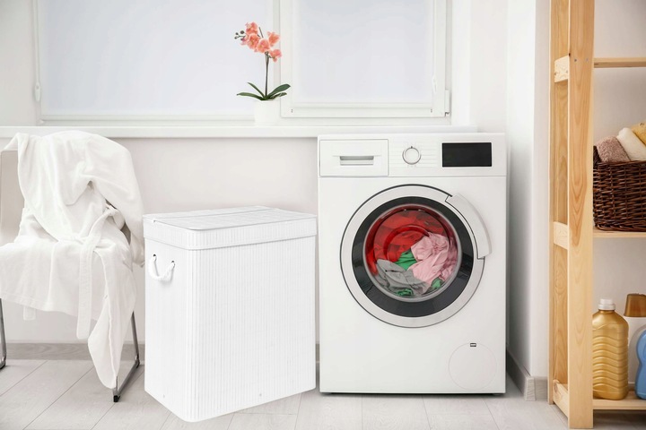 KOSZ BAMBUSOWY NA PRANIE BIELIZNĘ DWUKOMOROWY POJEMNIK ORGANIZER 100L