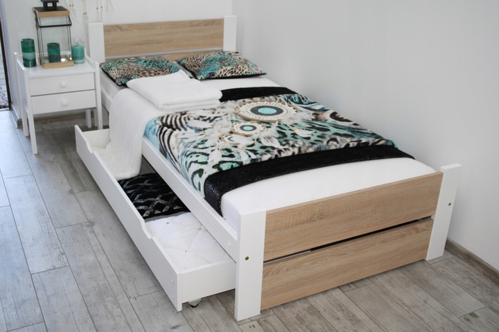 Łóżko pojedyncze drewniane LEA 90x200 białe Dąb Sonoma stelaż