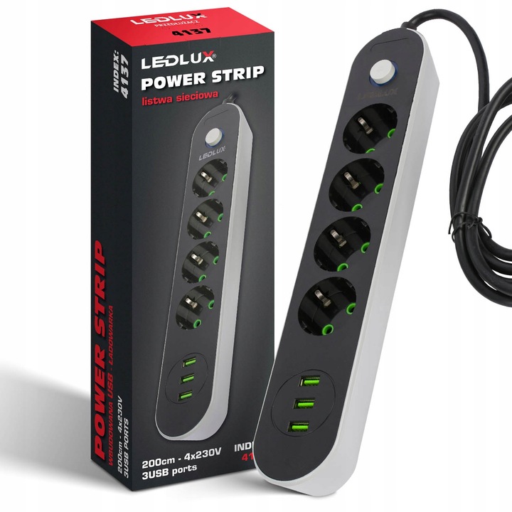 PRZEDŁUŻACZ listwa 2m 4 gniazda + 3x USB