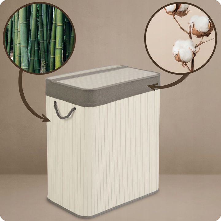 BAMBUSOWY KOSZ NA PRANIE BIELIZNĘ DUŻY POJEMNIK Z POKRYWĄ 2 KOMORY 100L