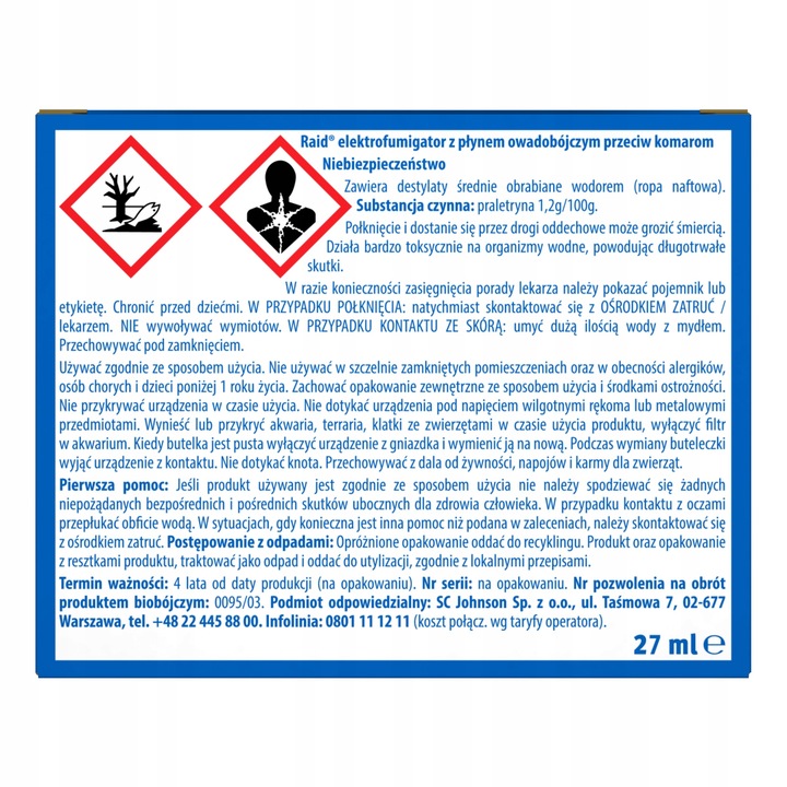 ELEKTROFUMIGATOR OWADOBÓJCZY Z PŁYNEM RAID NA KOMARY BEZZAPACHOWY 45