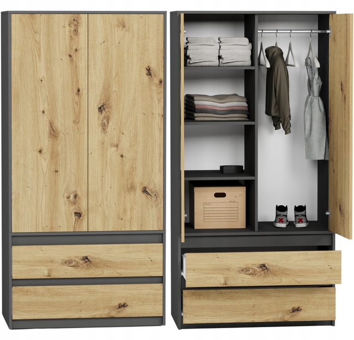 Szafa garderoba 90cm 2drzwi 2szuflad antracyt mix artisan B-9TIP