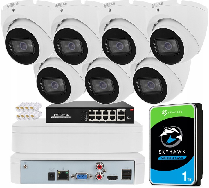 Zestaw Monitoringu Dahua 7x Kamera IPC-HDW1530T-0280B-S6 5Mpx Aplikacja PoE