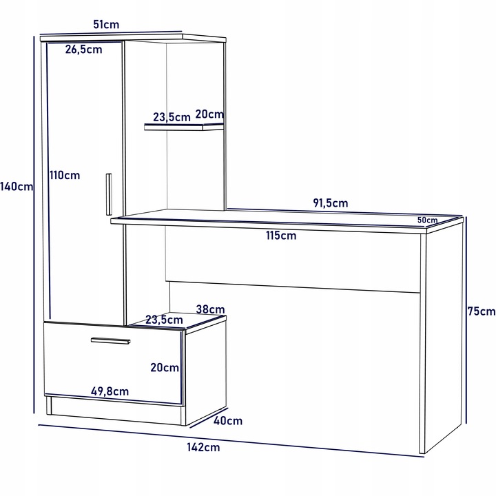Nowoczesne biurko z regałem REGI BIAŁY REGAŁ BIURKO SZUFLADA UCHWYTY