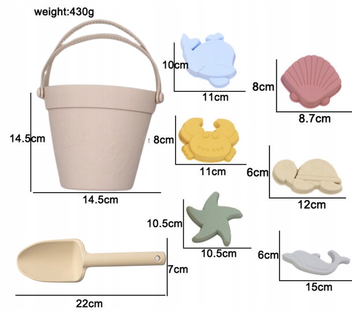 SILIKONOWE ZABAWKI DO PIASKU MIĘKKIE DO WODY NA PLAŻĘ WIADERKO FOREMKI