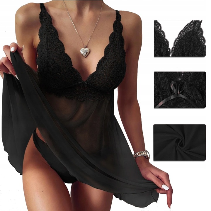 KOSZULKA NOCNA SEXY KOMPLET BIELIZNA EROTYCZNA SEKSOWNA HALKA STRINGI L/XL