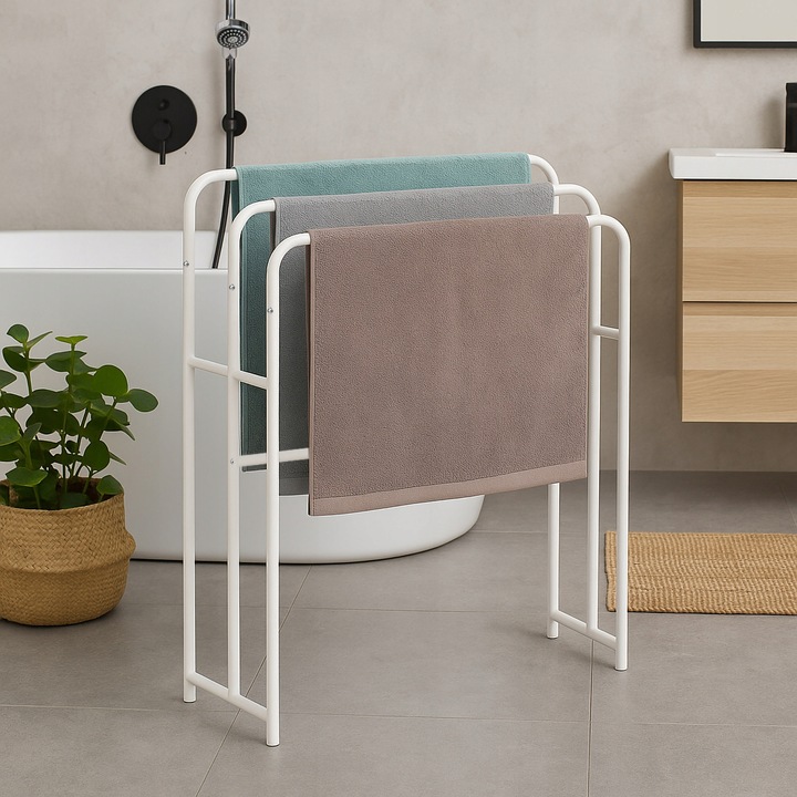 STOJAK BIAŁY NA RĘCZNIKI WIESZAK STOJĄCY PODŁOGOWY ŁAZIENKOWY METALOWY