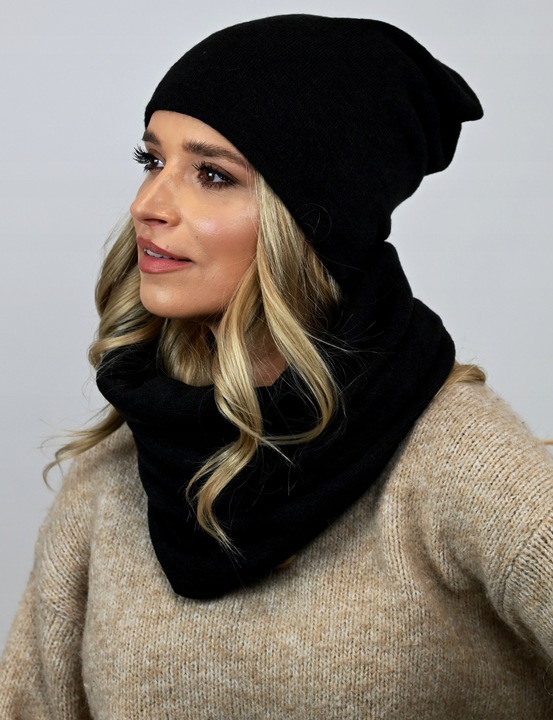 POLSKI Komplet CZAPKA + KOMIN Tunel Szal - CZARNY komplet damski na