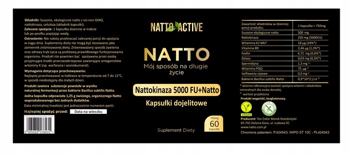 Natto Active Nattokinaza 250 mg 5000 FU witamina K2 MK7 – 60 kapsułek