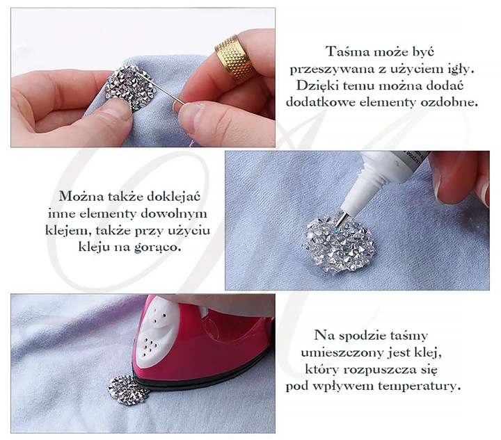 TAŚMA TERMO 1m ozdobna cyrkonie hotfix termoprzylepna cyrkoniami srebrna