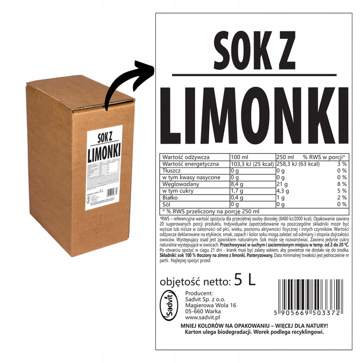 sok z limonki 100% Sadvit 5L ORZEŹWIAJĄCA LIMONKA z limonek limonkowy 100%