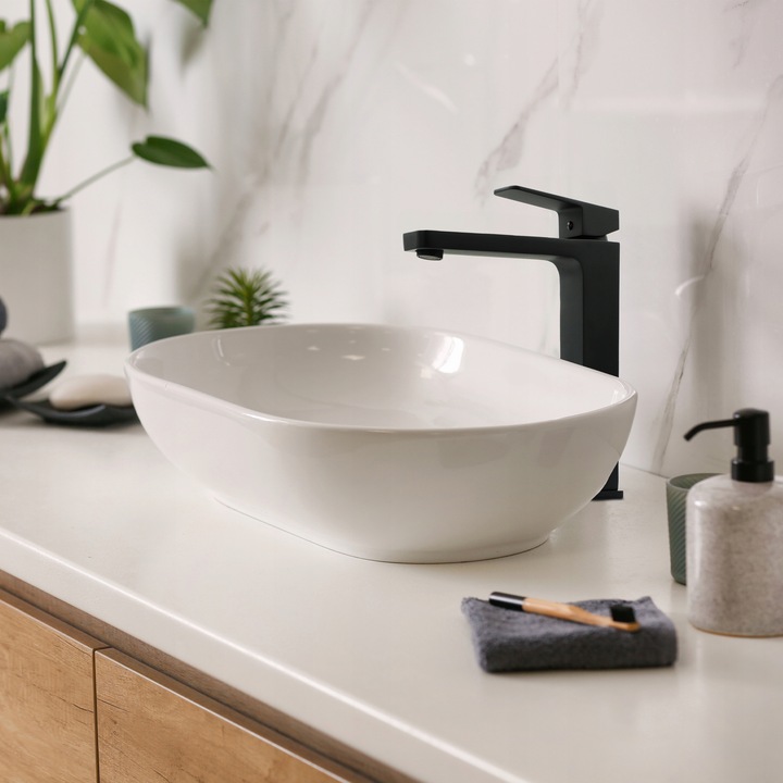 Bateria umywalkowa stojąca wysoka czarna nablatowa kran do umywalki