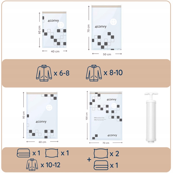 4CONVY Worki próżniowe na pościel ubrania odzież 12szt ZESTAW POMPKA