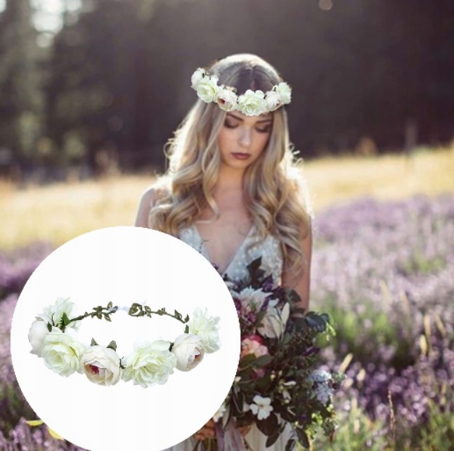 OPASKA WIANEK NA GŁOWĘ BOHO DRUCIK BIAŁE KWIATY PANIEŃSKI ŚLUBNY KOMUNIA