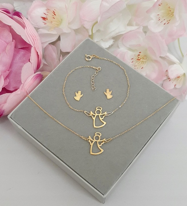 Złoty komplet ANIOŁEK ANIOŁ SREBRO KOMUNIA GRAWER