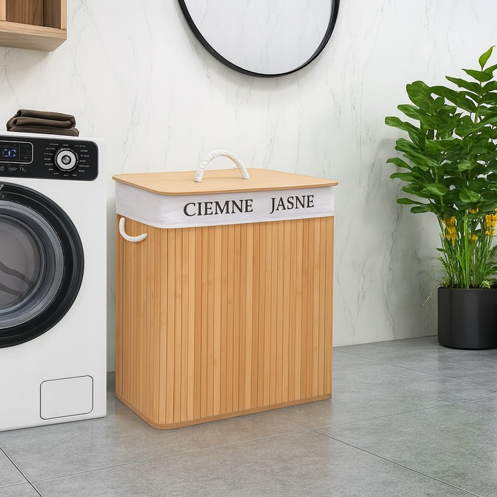 KOSZ BAMBUSOWY NA PRANIE BIELIZNĘ ZAMYKANY DWUKOMOROWY POJEMNIK WĄSKI 100L