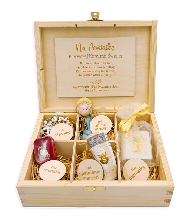 Prezent na KOMUNIE ŚWIĘTĄ pamiątka PUDEŁKO +GRAWER