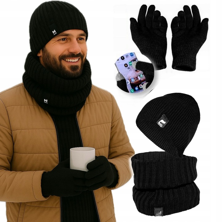 zimowy KOMPLET męski CZAPKA + KOMIN + RĘKAWICZKI DOTYKOWE ciepły