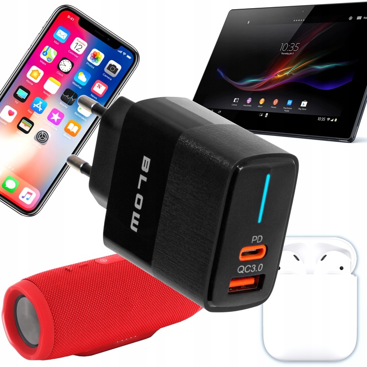 SZYBKA ŁADOWARKA SIECIOWA GNIAZDO USB + USB-C QC+PD 20W + KABEL USB-C 1m