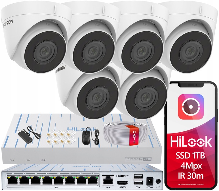 Zestaw Monitoringu IP 6 Kamer 4Mpx HIKVISION IPCAM-T4 Rejestrator SSD 1TB