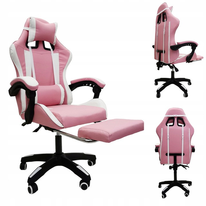 FOTEL GAMINGOWY GRACZA BIUROWY KOMPUTEROWY MASAŻ PODNÓŻEK KG104 RÓŻOWY