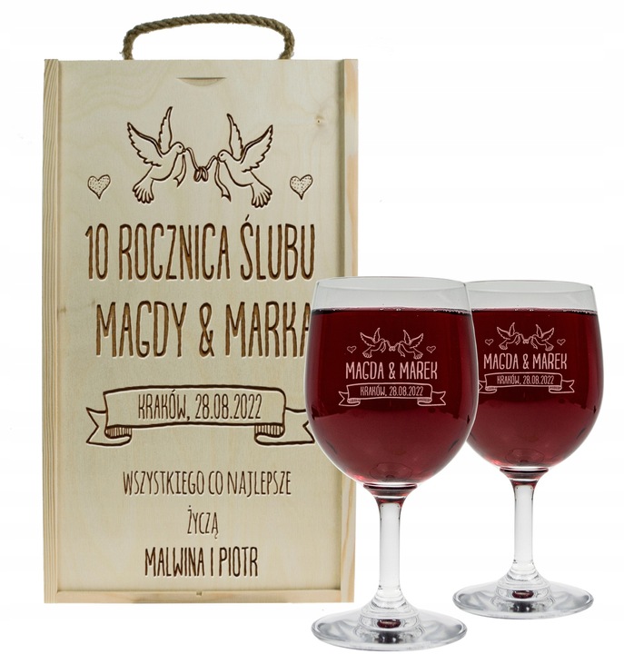 PREZENT NA ROCZNICĘ ŚLUBU SKRZYNKA PUDEŁKO NA WINO + DWA KIELISZKI