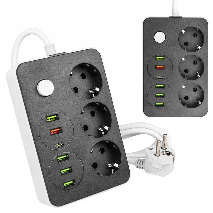 Przedłużacz listwa 2m zasilająca 6x USB UZIEMIENIE 3 GNIAZDA CZARNY 3x1MM