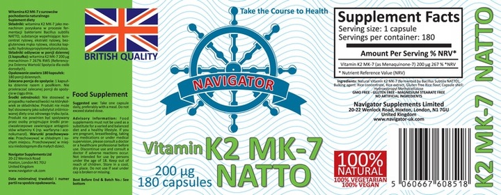 Witamina K2 MK7 NATTO 200mcg 180kaps Vegan