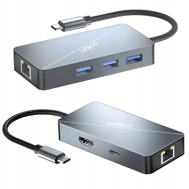 Adapter HUB 6w1 POLION USB-C przejściówka USB 3.2 PD 100W HDMI 4K LAN 1Gb