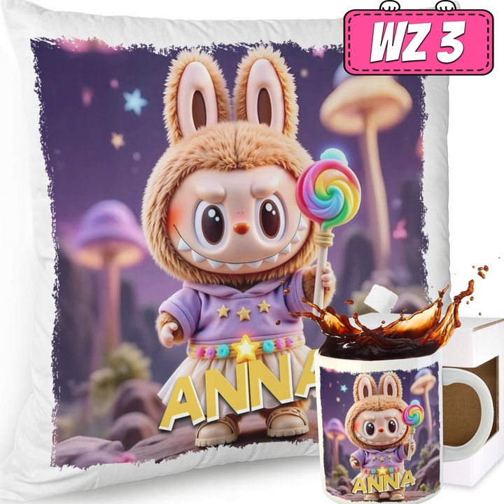 ZESTAW PODUSZKA KUBEK SŁODKI POTWOREK LABUBU LALKA WZORY PREZENT IMIĘ