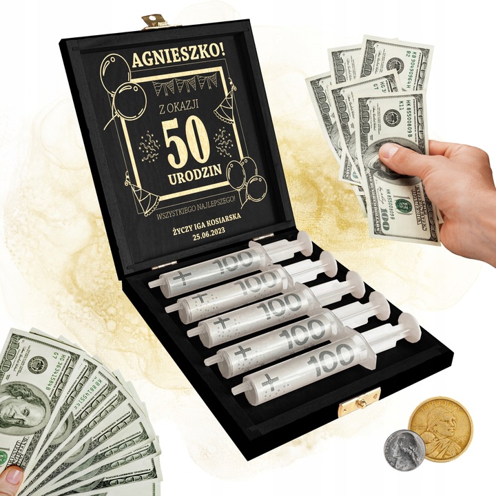 Zastrzyk gotówki prezent na urodziny 18 30 40 50 60 śmieszny pudełko grawer