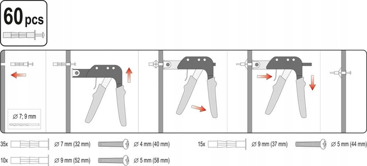 YARO ZACISKARKA SZCZYPCE DO KOŁKÓW MOLLY OSADZAK + 60 KOŁKÓW YATO