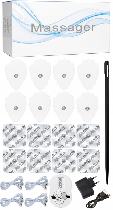 ELEKTROSTYMULATOR MIĘŚNI MASAŻER TENS EMS + ELEKTRODY 16 szt. ZESTAW XXL