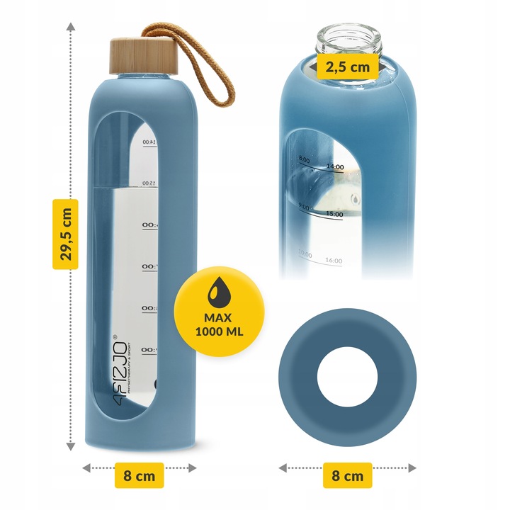 BUTELKA SZKLANA NA WODĘ MOTYWACYJNA SZCZELNA MIARKA SILIKONOWE ETUI 4FIZJO
