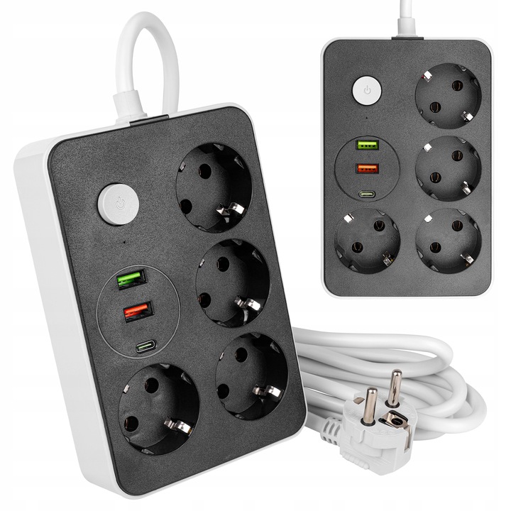 Przedłużacz listwa 2m zasilająca 3x USB UZIEMIENIE 4 GNIAZDA CZARNY 3x1MM
