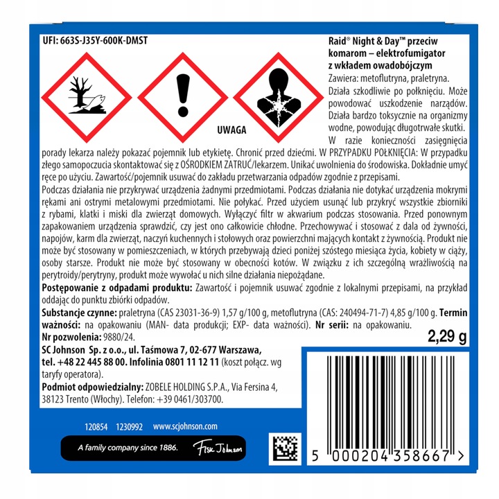 ELEKTROFUMIGATOR OWADOBÓJCZY Z WYMIENNYM WKŁADEM RAID 240H