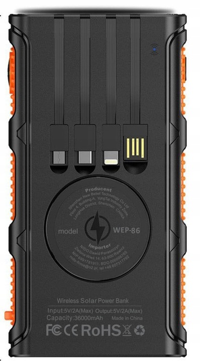 POWERBANK ŁADOWARKA SOLARNY INDUKCJA 36000mAh 8xUSB LATARKA 2x LED USB-C PD