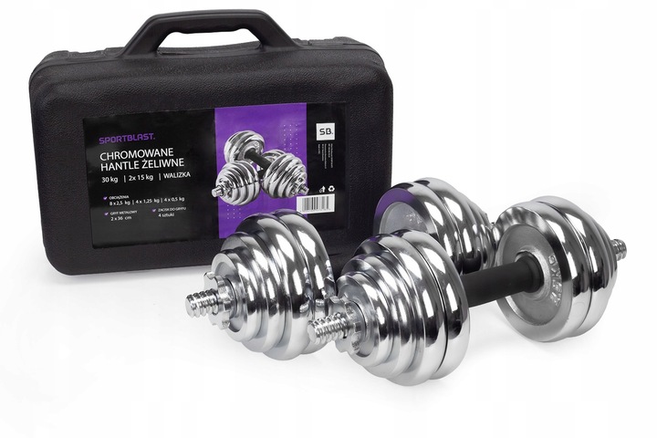 Hantle żeliwne 2x15kg WALIZKA regulowane chromowane zestaw talerze gryfy