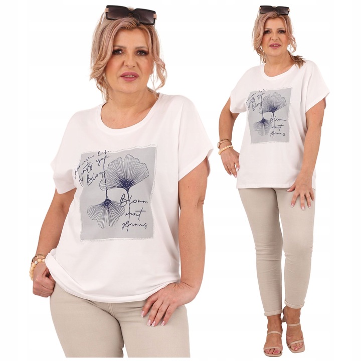 BLUZKA BAWEŁNIANA Z KRÓTKIM RĘKAWEM DUŻE ROZMIARY NA LATO Z NADRUKIEM LUŹNA