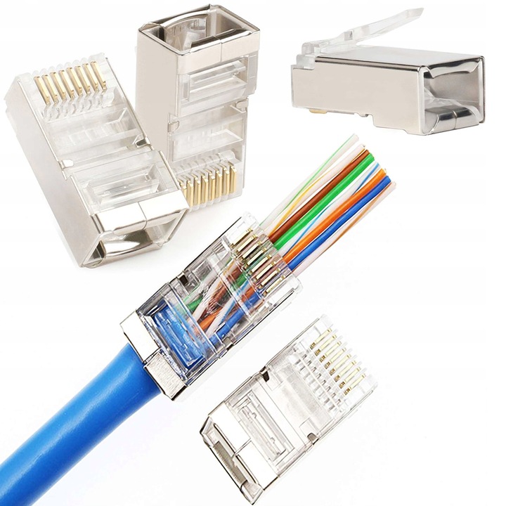 100x KOŃCÓWKI WTYK WTYKI RJ45 8P8C FTP KAT5e PRZELOTOWE EUROKOMP EKRANOWANE