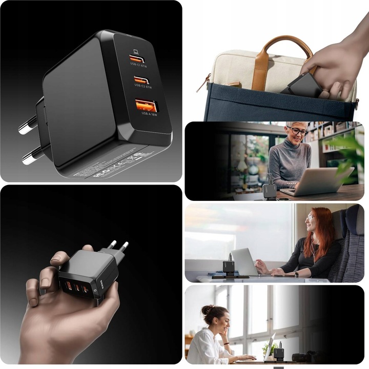ŁADOWARKA USB C 3x USB 67W 65W TYP C UNIWERSALNA CZARNA + KABEL USB C 100W