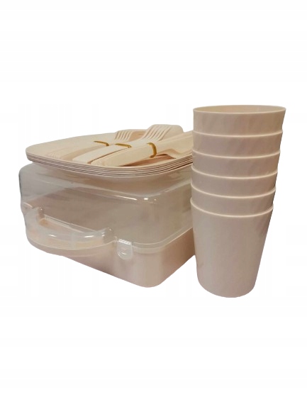 ZESTAW PIKNIKOWY 32 ELEMENTY KUBKI SZTUĆCE POJEMNIK PRZENOŚNY